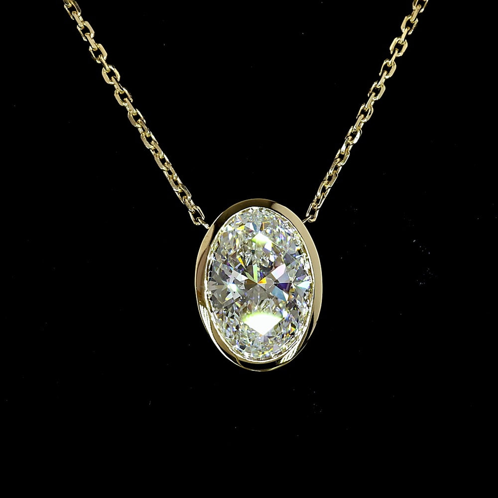 14K Yellow Gold Oval Cut Bezel Set Solitaire Pendant with Lab Grown Diamond - 1.51 Carat Total Weight, E Color VVS2 Clarity, GIA Certified - Covaloro Fine Jewelry