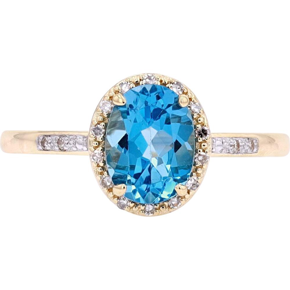 14K Yellow Gold Oval-Cut Blue Topaz Ring with Diamond Halo - 0.08 Carats Total Diamond Weight