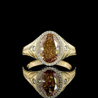 14K Yellow Gold Oval Cut Champagne Lab Diamond Halo Ring with Milgrain Detail - 3.54 Carats Total Diamond Weight - Covaloro Fine Jewelry