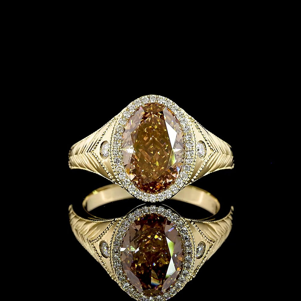 14K Yellow Gold Oval Cut Champagne Lab Diamond Halo Ring with Milgrain Detail - 3.54 Carats Total Diamond Weight - Covaloro Fine Jewelry