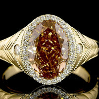 14K Yellow Gold Oval Cut Champagne Lab Diamond Halo Ring with Milgrain Detail - 3.54 Carats Total Diamond Weight - Covaloro Fine Jewelry