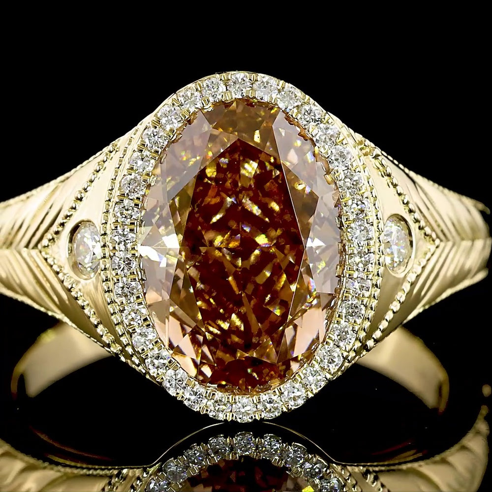 14K Yellow Gold Oval Cut Champagne Lab Diamond Halo Ring with Milgrain Detail - 3.54 Carats Total Diamond Weight - Covaloro Fine Jewelry