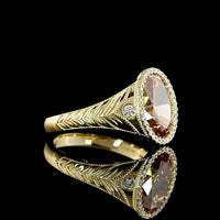 14K Yellow Gold Oval Cut Champagne Lab Diamond Halo Ring with Milgrain Detail - 3.54 Carats Total Diamond Weight - Covaloro Fine Jewelry