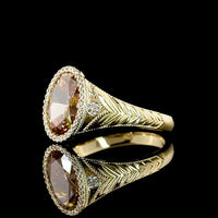 14K Yellow Gold Oval Cut Champagne Lab Diamond Halo Ring with Milgrain Detail - 3.54 Carats Total Diamond Weight - Covaloro Fine Jewelry