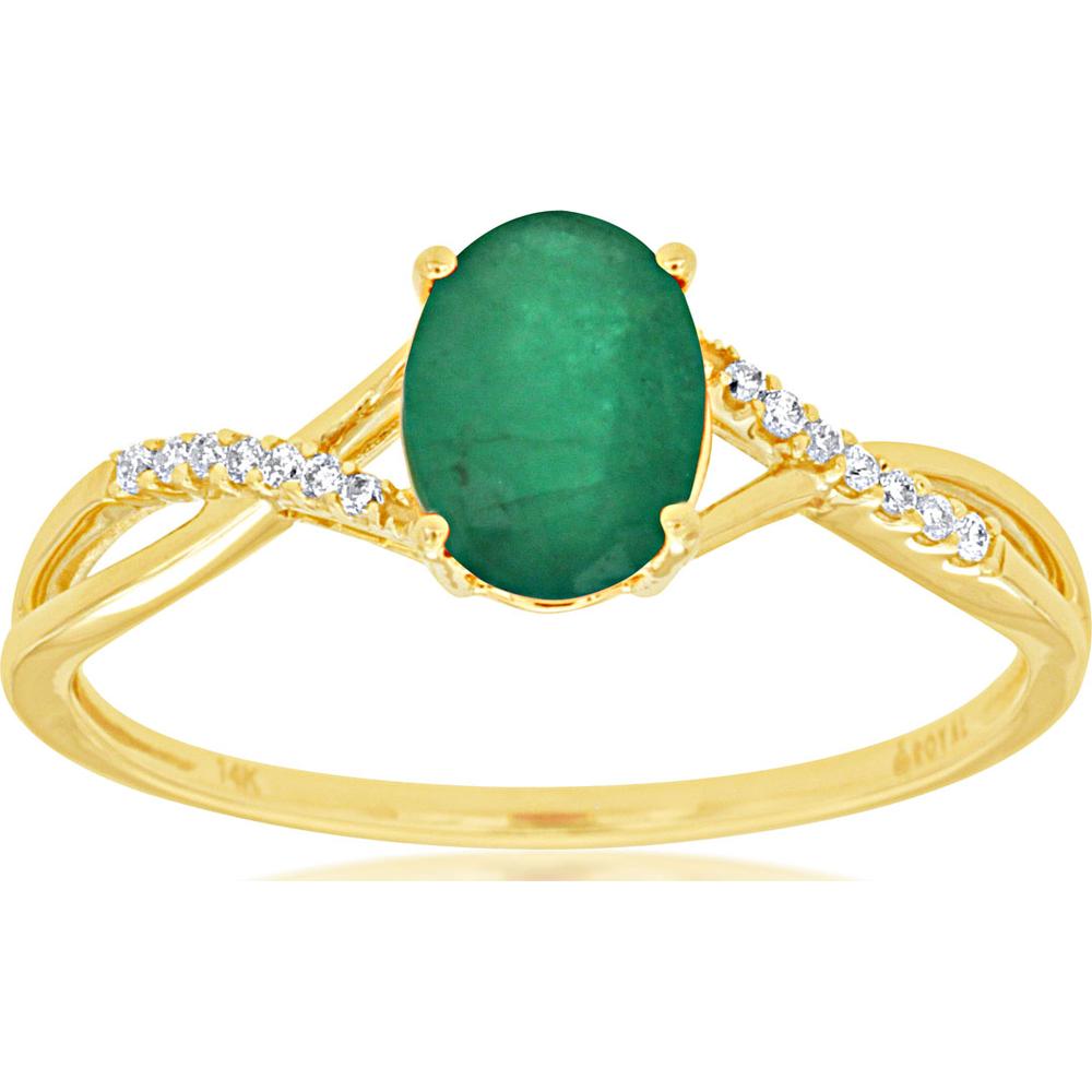 14K Yellow Gold Oval Cut Emerald and Diamond Split Shank Ring - 0.70 Carat Emerald, 0.04 Carat Diamond Accents - Royal Jewelry