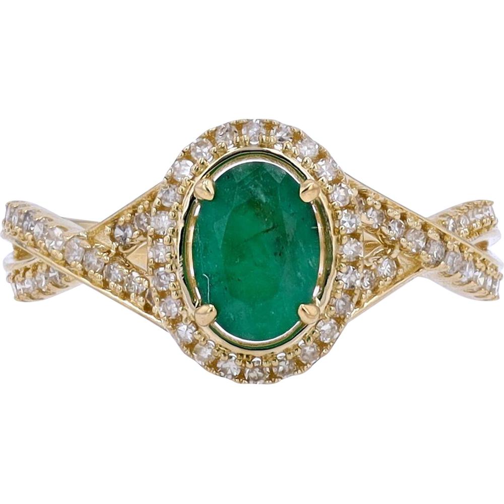 14K Yellow Gold Oval-Cut Emerald Ring with Diamond Halo and Crossover Band - 1.35 Carats Total Gemstone and Diamond Weight