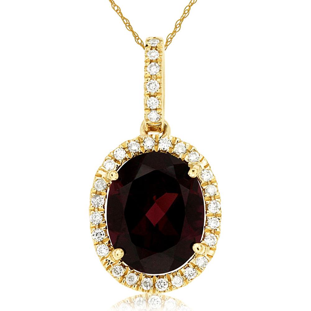 14K Yellow Gold Oval Cut Garnet and Diamond Halo Pendant - 2.80 Carat Garnet, 0.18 Carat Diamond Total Weight - Royal Jewelry