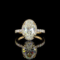 14K Yellow Gold Oval Cut Halo Ring with E VVS1 Lab Diamond Center 3.12 Carats and Shared Prong Brilliant Cut Side Stones - 3.88 Carat Total Diamond Weight - Covaloro Fine Jewelry