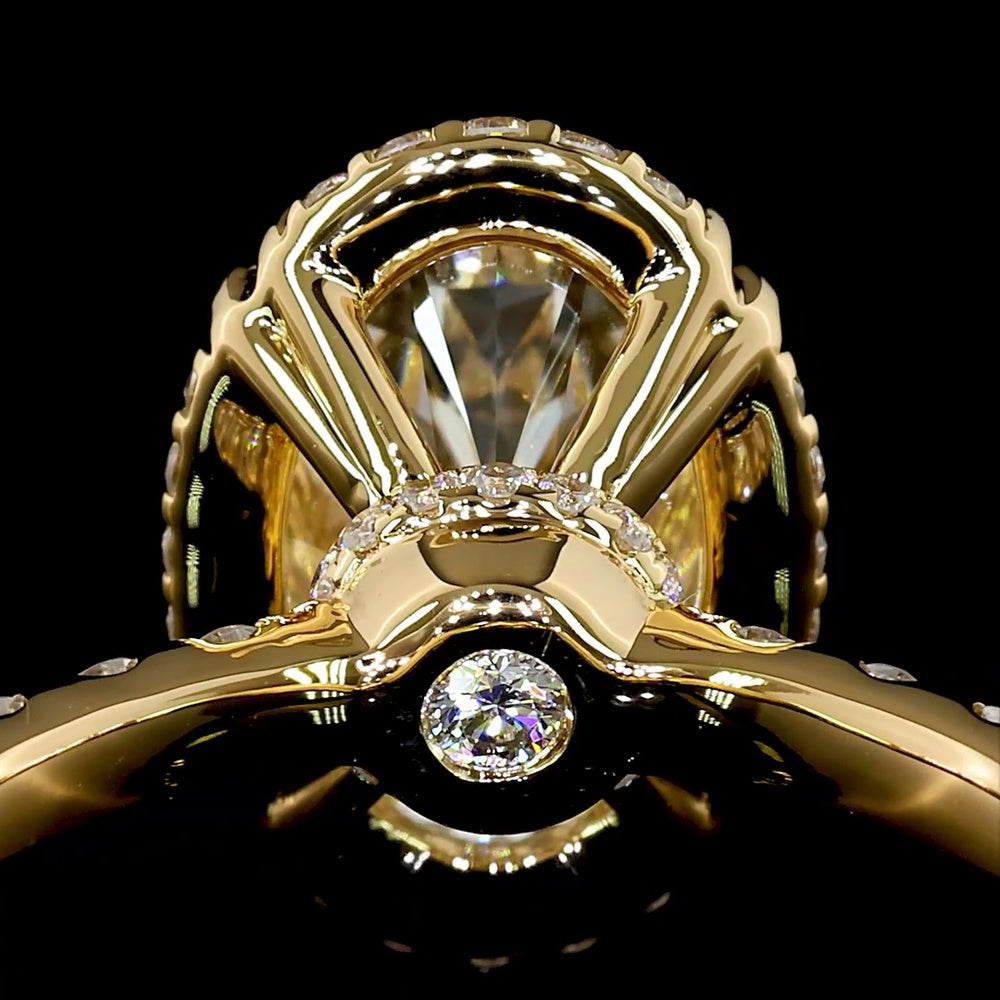 14K Yellow Gold Oval Cut Halo Ring with E VVS1 Lab Diamond Center 3.12 Carats and Shared Prong Brilliant Cut Side Stones - 3.88 Carat Total Diamond Weight - Covaloro Fine Jewelry
