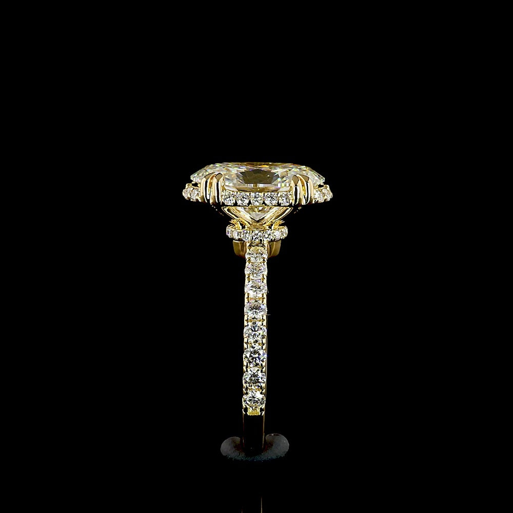 14K Yellow Gold Oval Cut Halo Ring with E VVS1 Lab Diamond Center 3.12 Carats and Shared Prong Brilliant Cut Side Stones - 3.88 Carat Total Diamond Weight - Covaloro Fine Jewelry