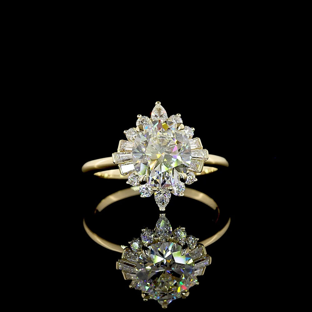 14K Yellow Gold Oval Cut Halo Ring with Pear and Baguette Lab Diamonds - 2.30 Carat Total Diamond Weight - Covaloro Fine Jewelry
