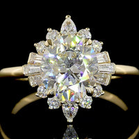 14K Yellow Gold Oval Cut Halo Ring with Pear and Baguette Lab Diamonds - 2.30 Carat Total Diamond Weight - Covaloro Fine Jewelry