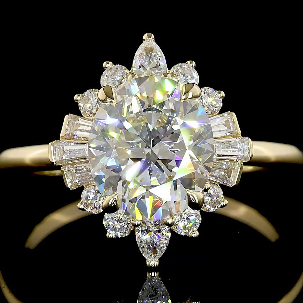 14K Yellow Gold Oval Cut Halo Ring with Pear and Baguette Lab Diamonds - 2.30 Carat Total Diamond Weight - Covaloro Fine Jewelry