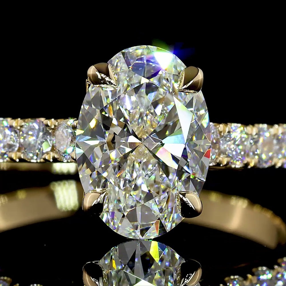 14K Yellow Gold Oval Cut Hidden Halo Engagement Ring with 1.57 Carat E VVS1 Center Lab Diamond and 0.51 Carat Accent Diamonds - 2.08 Carat Total Weight - Covaloro Fine Jewelry