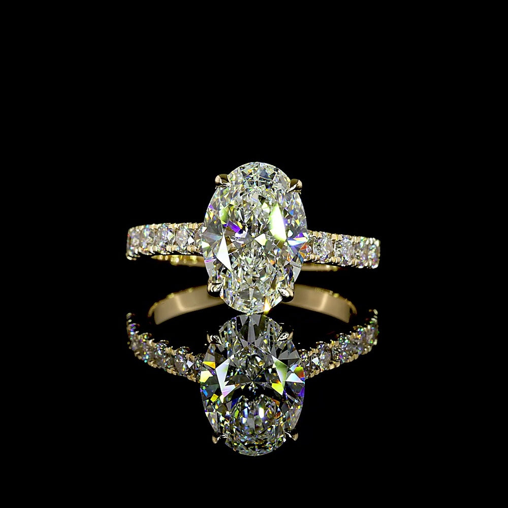 14K Yellow Gold Oval Cut Hidden Halo Ring with 3.03 Carat Center E VVS2 Lab Diamond and Accent Diamonds - 3.73 Carat Total Diamond Weight - Covaloro Fine Jewelry