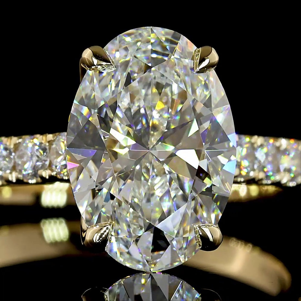 14K Yellow Gold Oval Cut Hidden Halo Ring with Lab Grown E VVS2 Diamond - 3.10 Carats Total Diamond Weight - Covaloro Fine Jewelry