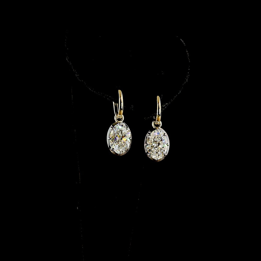 14K Yellow Gold Oval Cut Lab Diamond Drop Earrings with Black Rhodium Accents - 5.08 Carat Total Weight (2.55 Carats & 2.53 Carats Each) - Covaloro Fine Jewelry