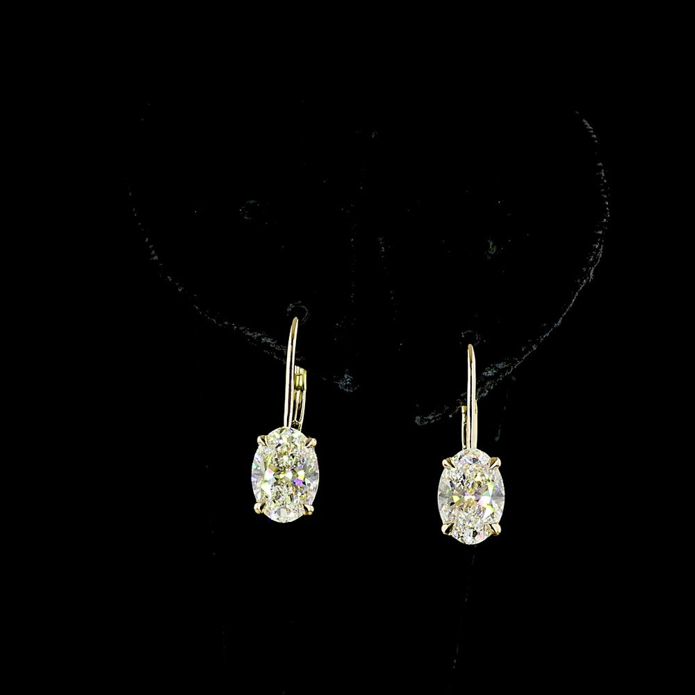 14K Yellow Gold Oval Cut Lab Diamond Hanging Earrings - 3.17 Carat Total Diamond Weight with Brilliant Cut Accents - Covaloro Fine Jewelry