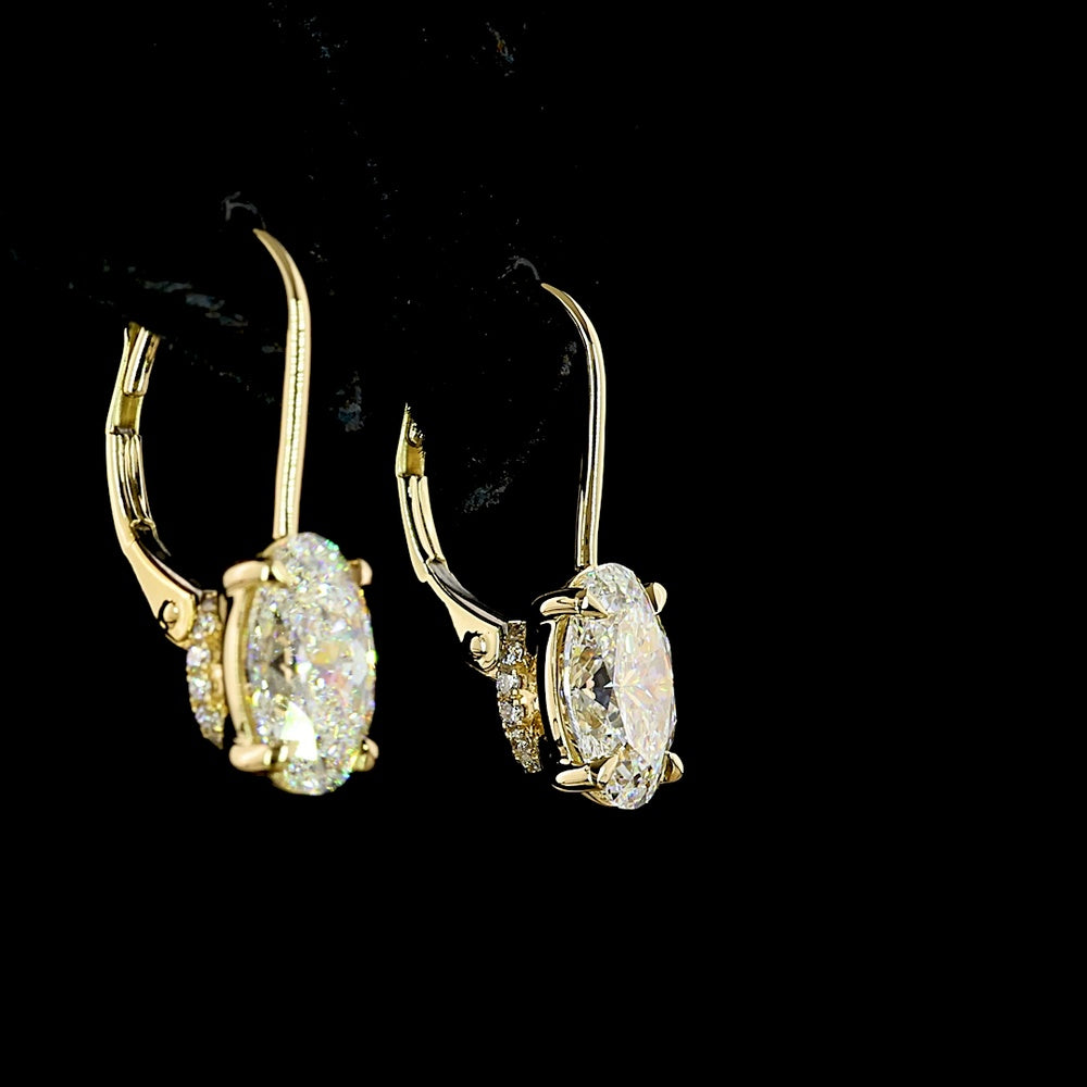14K Yellow Gold Oval Cut Lab Diamond Hanging Earrings - 3.17 Carat Total Diamond Weight with Brilliant Cut Accents - Covaloro Fine Jewelry