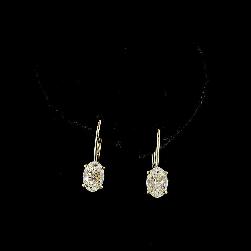 14K Yellow Gold Oval Cut Lab Diamond Hanging Earrings with Brilliant Accents - 2.11 Carat Total Weight, E VS1 Clarity - Covaloro Fine Jewelry