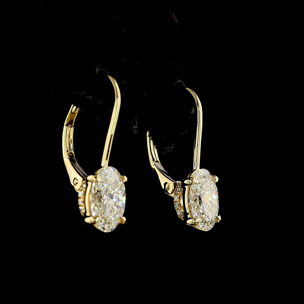 14K Yellow Gold Oval Cut Lab Diamond Hanging Earrings with Brilliant Accents - 2.11 Carat Total Weight, E VS1 Clarity - Covaloro Fine Jewelry