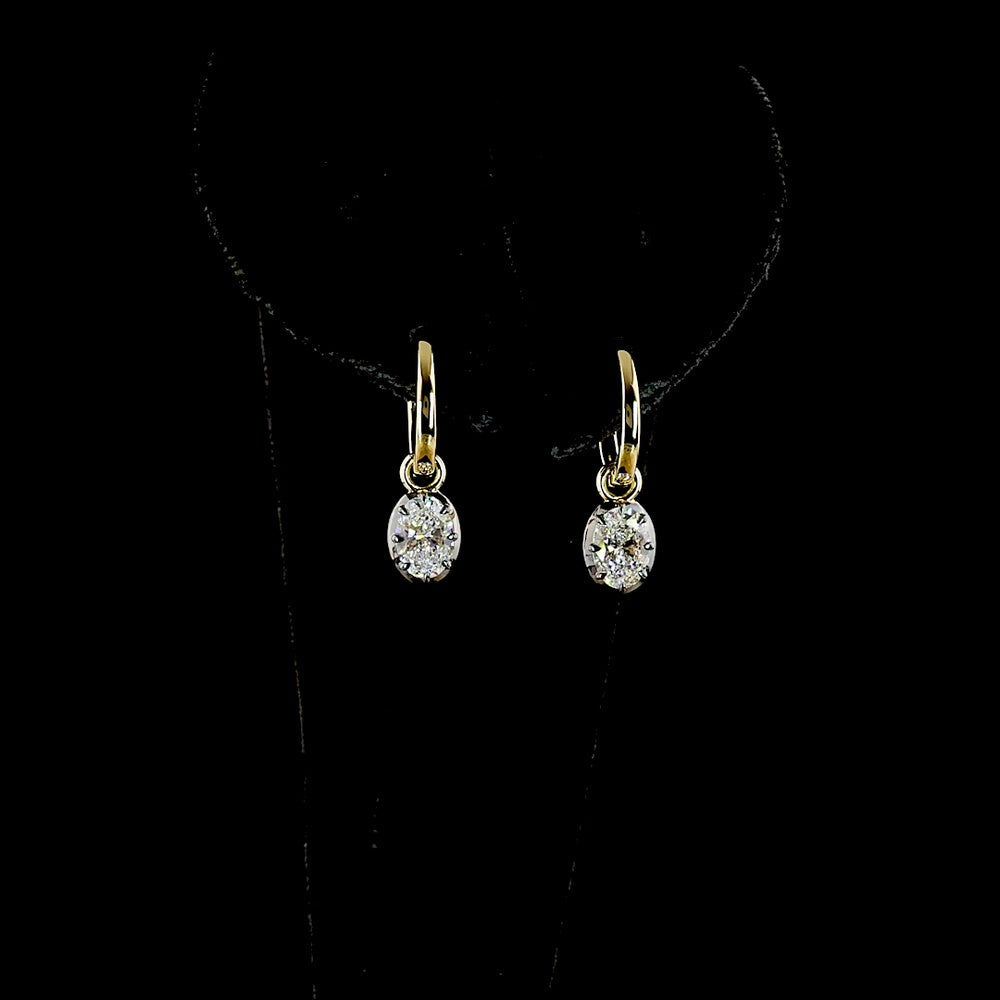 14K Yellow Gold Oval Cut Lab Diamond Hanging Earrings with Prong and Black Rhodium Bezel Setting - 1.08 Carats Total Diamond Weight - Covaloro Fine Jewelry