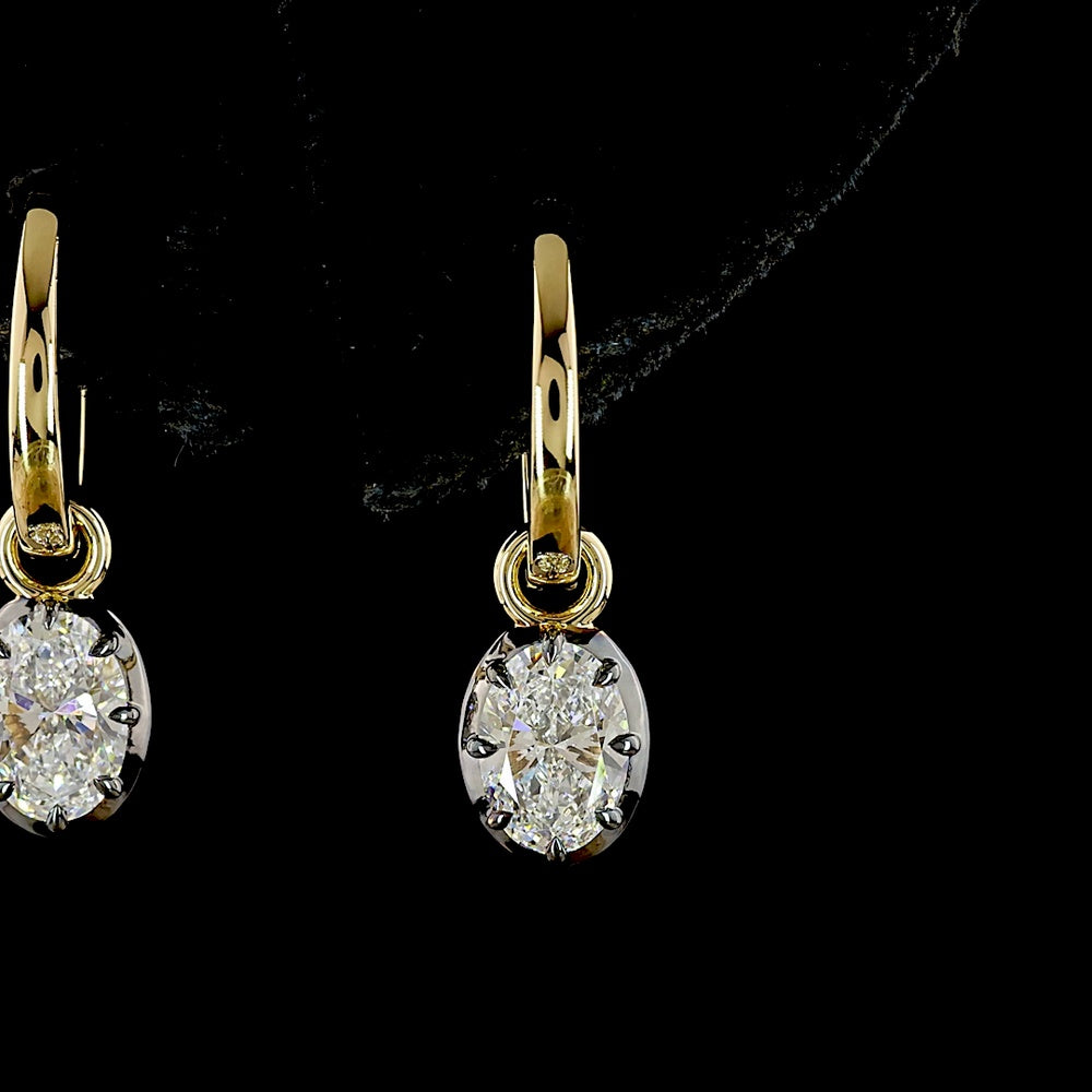 14K Yellow Gold Oval Cut Lab Diamond Hanging Earrings with Prong and Black Rhodium Bezel Setting - 1.08 Carats Total Diamond Weight - Covaloro Fine Jewelry