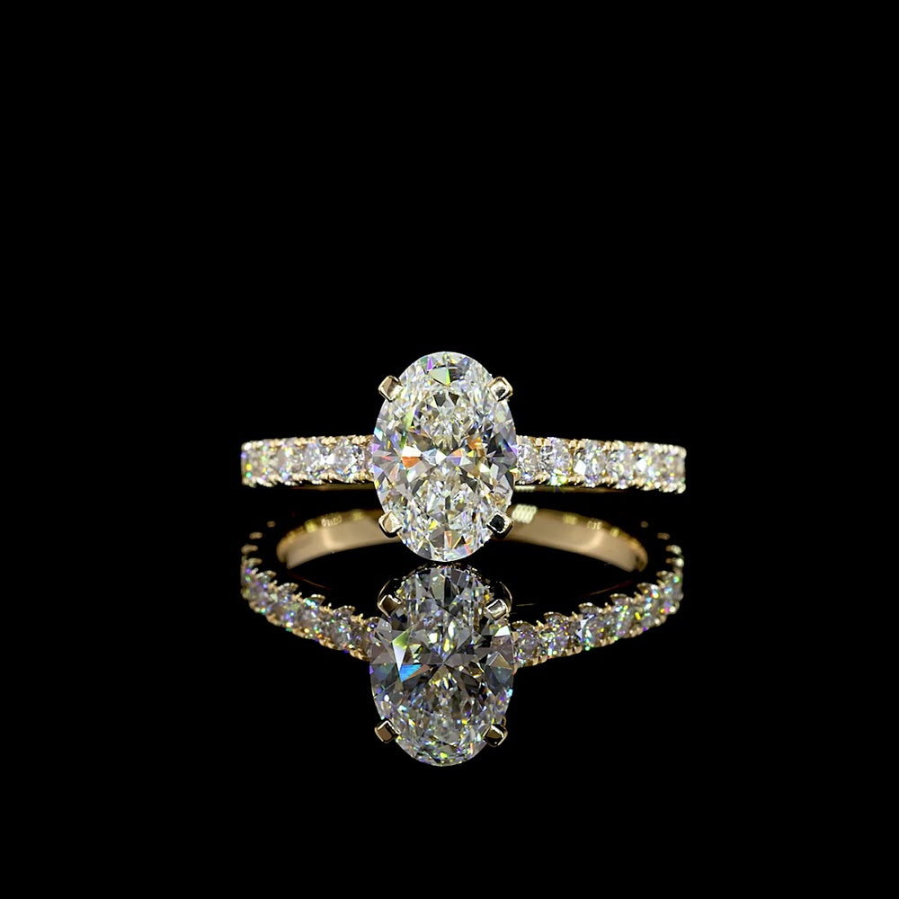 14K Yellow Gold Oval Cut Lab Diamond Hidden Halo Ring with Pave Band - 1.53 Carats Center Diamond, 2.33 Carats Total Diamond Weight, D VVS2 Clarity, IGI Certified - Covaloro Fine Jewelry