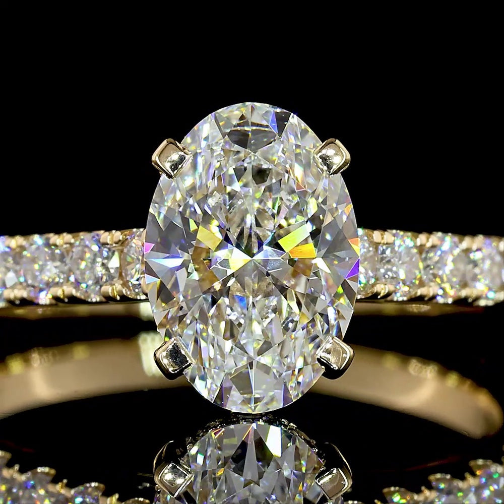 14K Yellow Gold Oval Cut Lab Diamond Hidden Halo Ring with Pave Band - 1.53 Carats Center Diamond, 2.33 Carats Total Diamond Weight, D VVS2 Clarity, IGI Certified - Covaloro Fine Jewelry