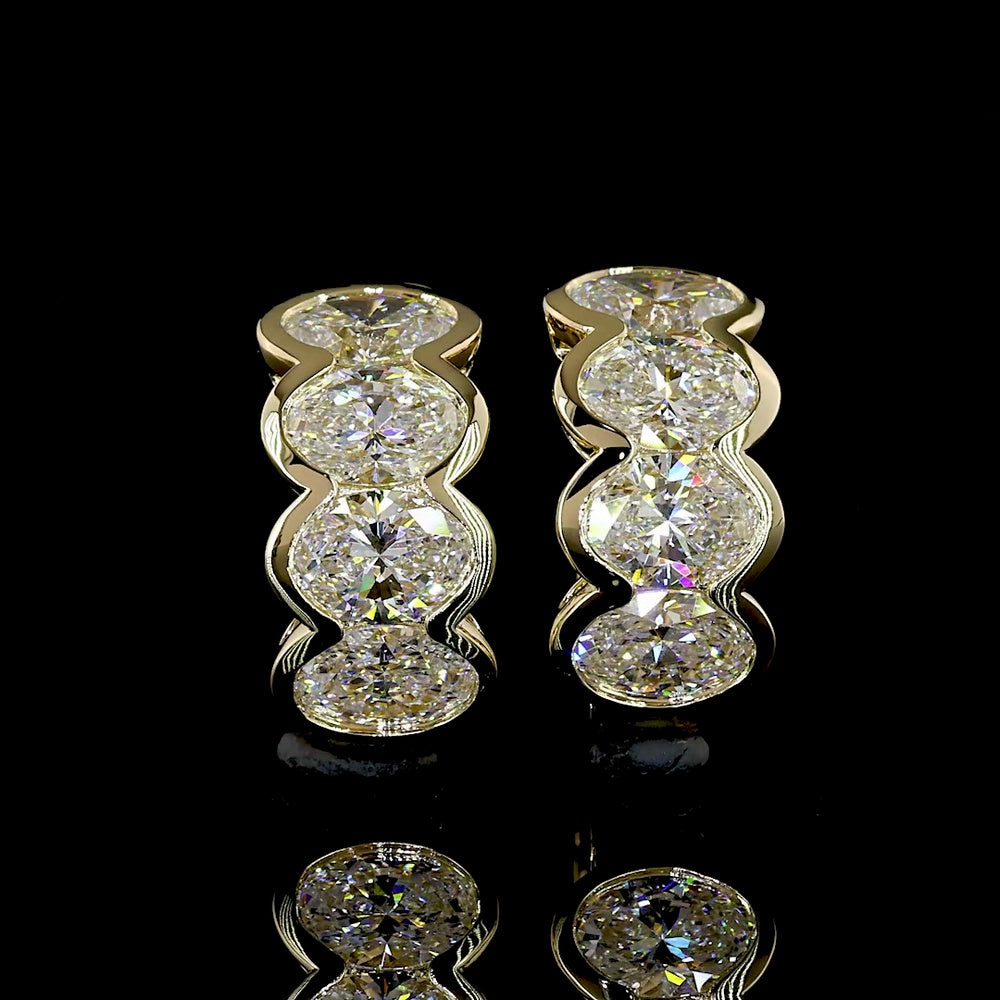 14K Yellow Gold Oval Cut Lab Diamond Huggie Earrings in Half Bezel Setting - 2.99 Carats Total Diamond Weight - Covaloro Fine Jewelry