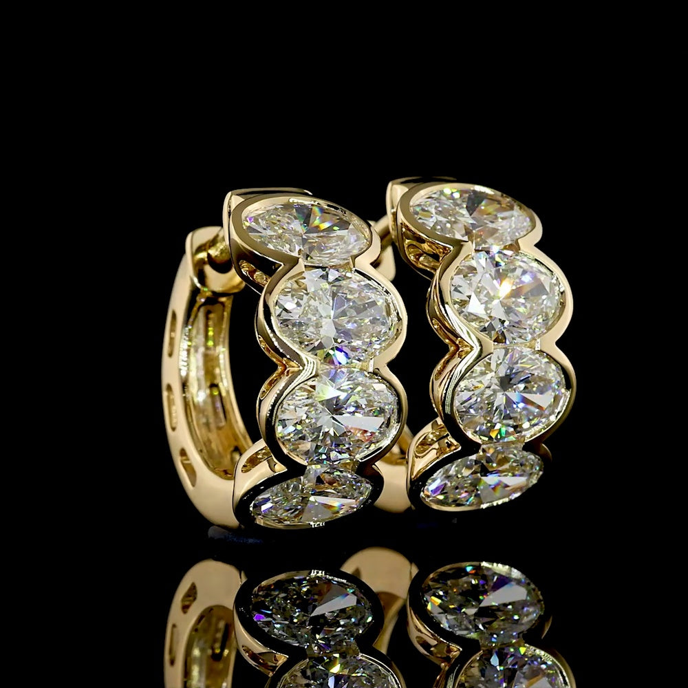 14K Yellow Gold Oval Cut Lab Diamond Huggie Earrings with Half-Bezel Setting - 3.00 Carats Total Diamond Weight - Covaloro Fine Jewelry