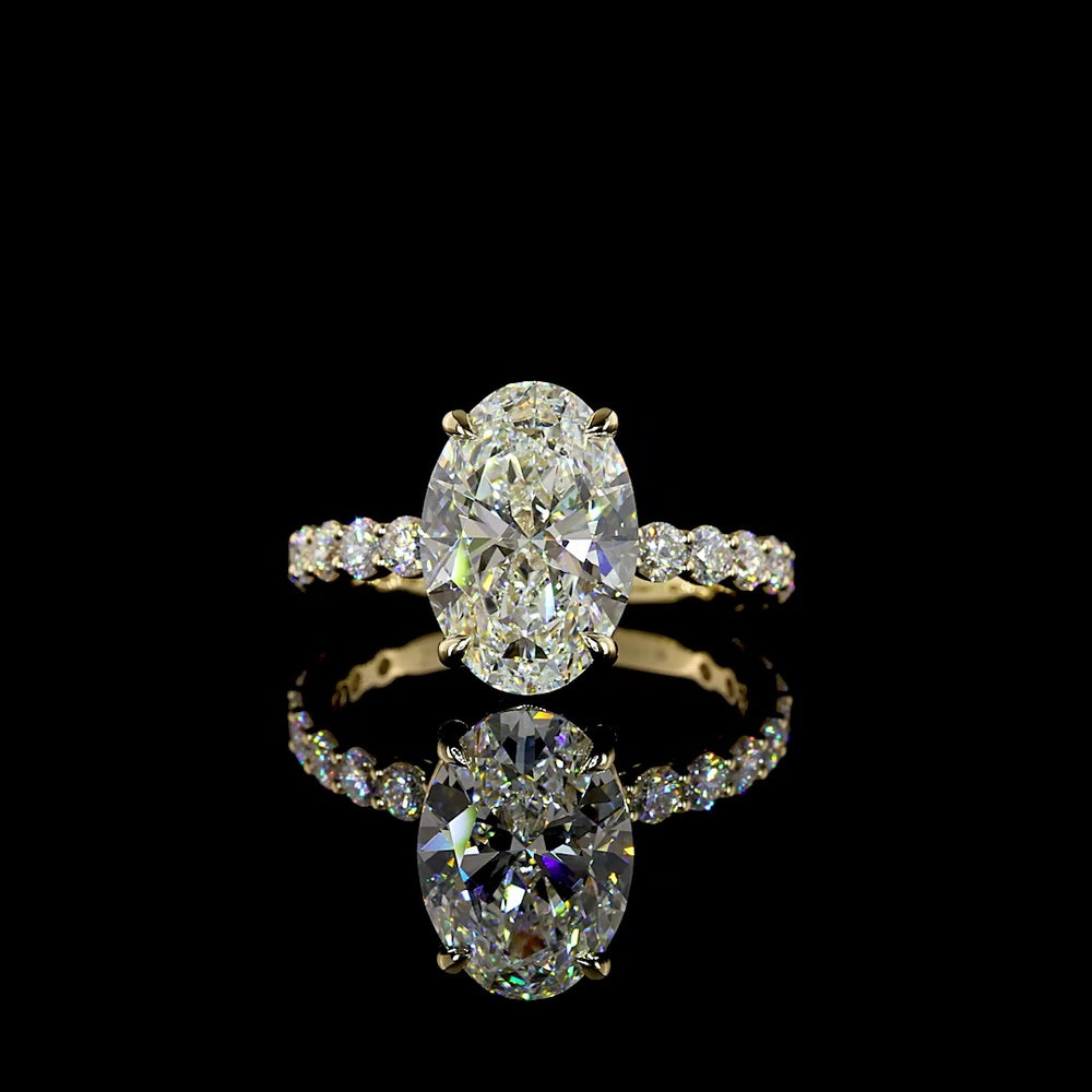 14K Yellow Gold Oval Cut Lab Diamond Ring with Diamond Shank - 4.41 Carat Total Weight, E VVS2 Center, IGI Certified - Covaloro Fine Jewelry