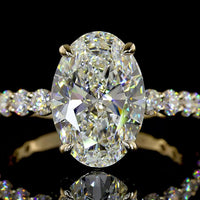 14K Yellow Gold Oval Cut Lab Diamond Ring with Diamond Shank - 4.41 Carat Total Weight, E VVS2 Center, IGI Certified - Covaloro Fine Jewelry