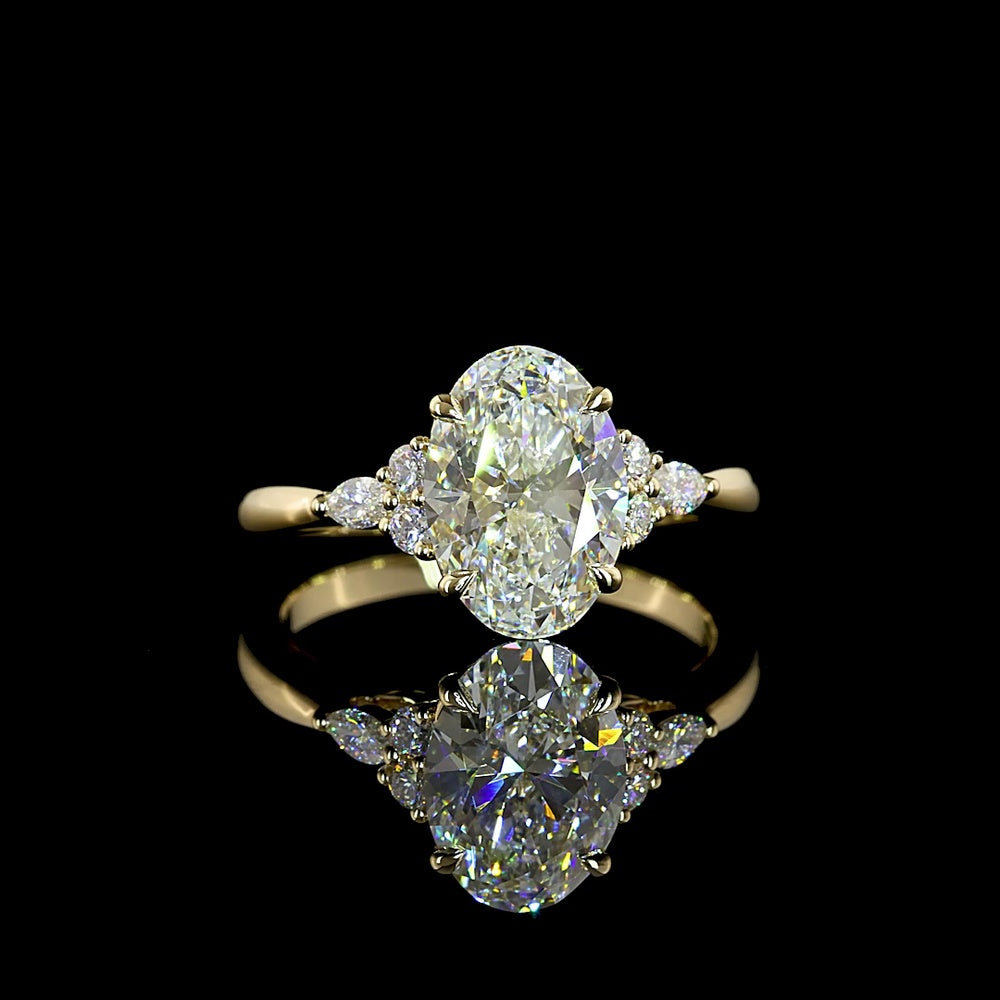 14K Yellow Gold Oval Cut Lab Diamond Ring with Marquise and Round Accents - 2.80 Carat Total Weight (2.56 Carat Center), F VS1 Clarity - Covaloro Fine Jewelry