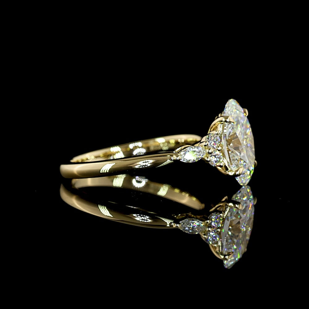 14K Yellow Gold Oval Cut Lab Diamond Ring with Marquise and Round Accents - 2.80 Carat Total Weight (2.56 Carat Center), F VS1 Clarity - Covaloro Fine Jewelry