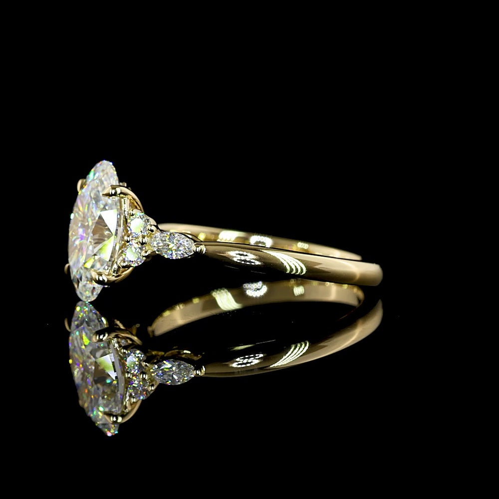 14K Yellow Gold Oval Cut Lab Diamond Ring with Marquise and Round Accents - 2.80 Carat Total Weight (2.56 Carat Center), F VS1 Clarity - Covaloro Fine Jewelry