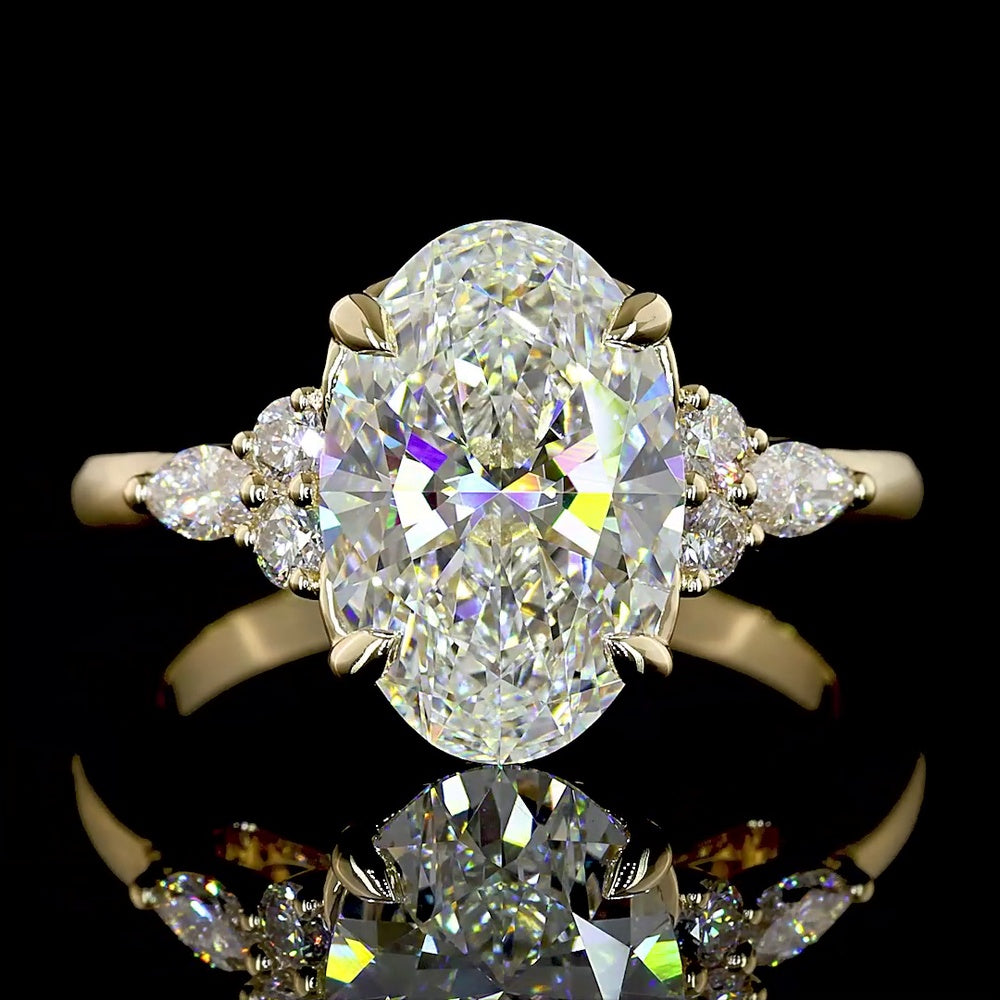 14K Yellow Gold Oval Cut Lab Diamond Ring with Marquise and Round Side Stones - 2.82 Carat Total Diamond Weight, E VS1 IGI Certified - Covaloro Fine Jewelry