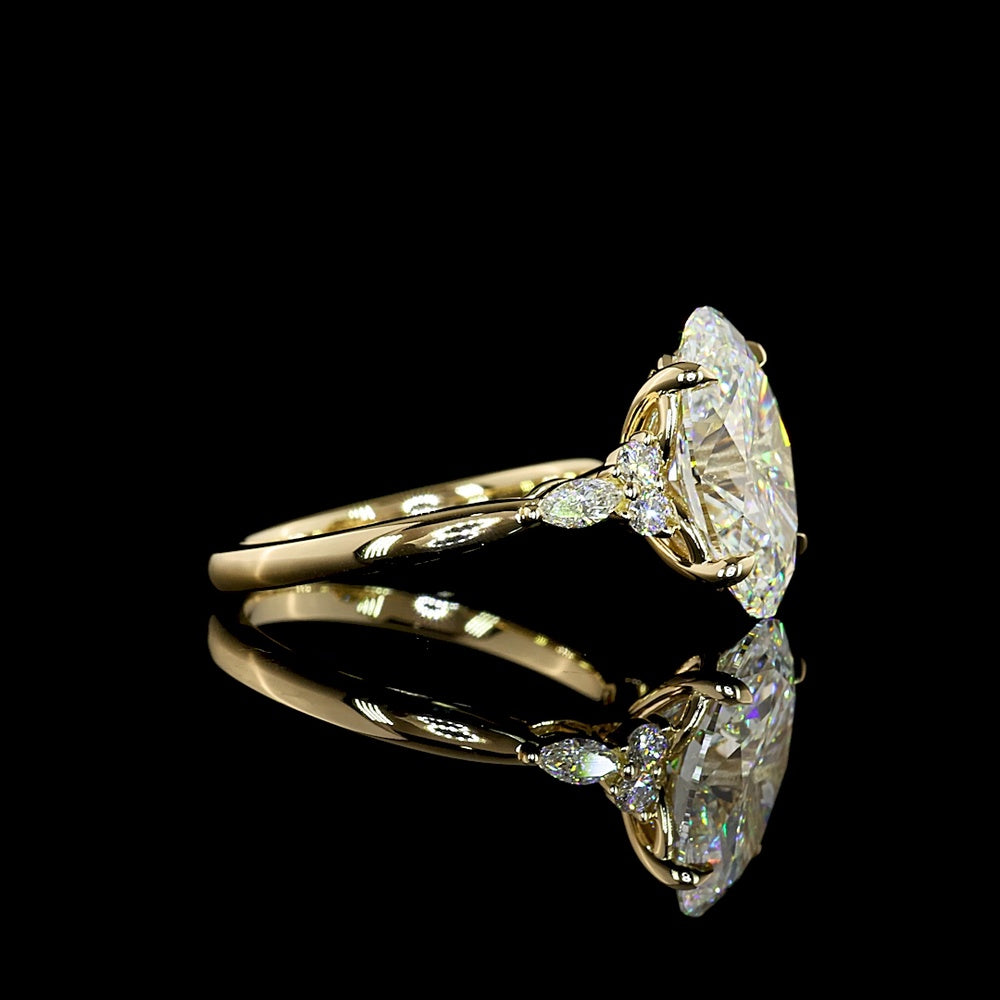 14K Yellow Gold Oval Cut Lab Diamond Ring with Marquise and Round Side Stones - 4.91 Carat Total Diamond Weight, G VVS2 - Covaloro Fine Jewelry
