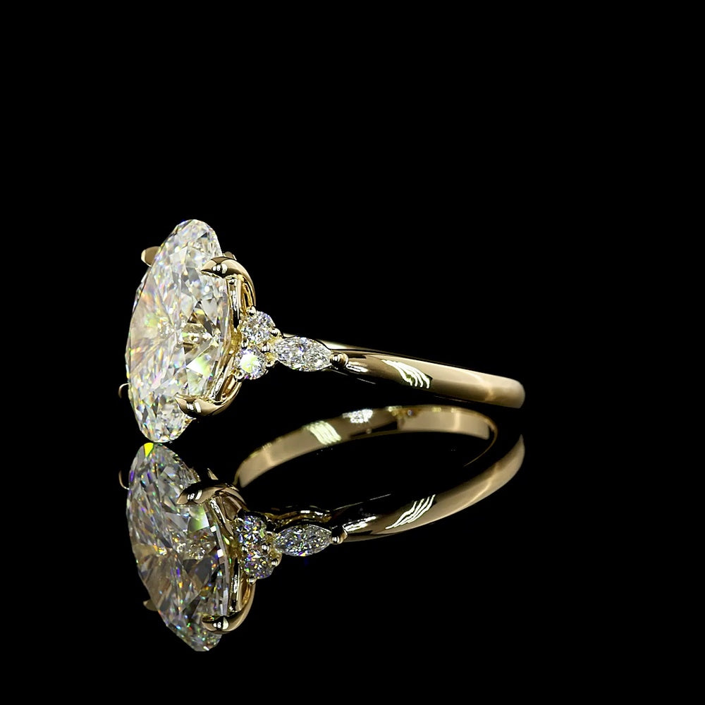 14K Yellow Gold Oval Cut Lab Diamond Ring with Marquise and Round Side Stones - 4.91 Carat Total Diamond Weight, G VVS2 - Covaloro Fine Jewelry
