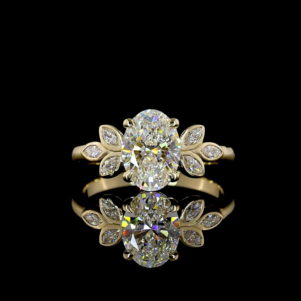 14K Yellow Gold Oval Cut Lab Diamond Ring with Marquise Leaf Motif Side Stones - 1.74 Carat Total Weight, D VVS2, IGI Certified - Covaloro Fine Jewelry