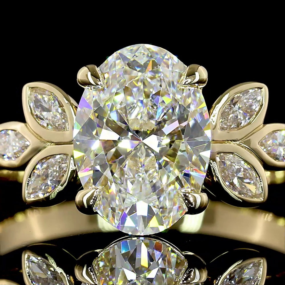 14K Yellow Gold Oval Cut Lab Diamond Ring with Marquise Leaf Motif Side Stones - 1.74 Carat Total Weight, D VVS2, IGI Certified - Covaloro Fine Jewelry