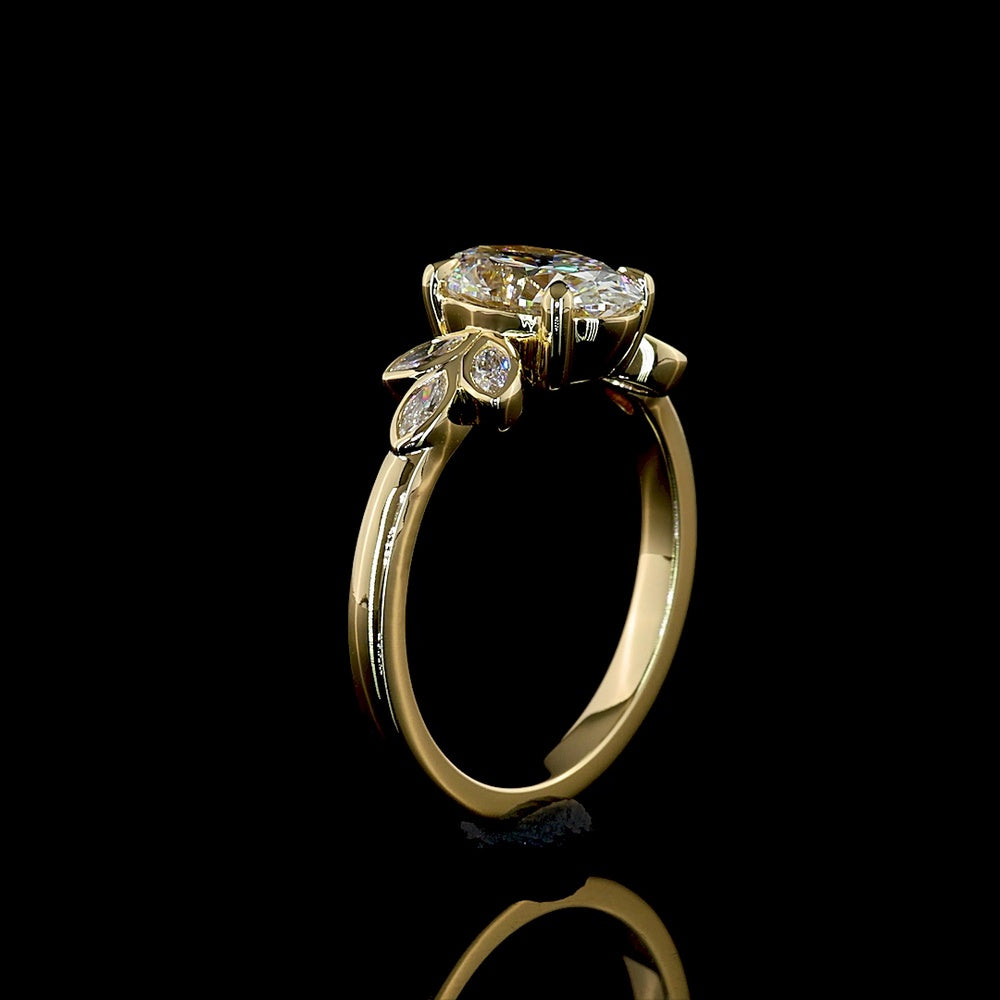 14K Yellow Gold Oval Cut Lab Diamond Ring with Marquise Leaf Motif Side Stones - 1.74 Carat Total Weight, D VVS2, IGI Certified - Covaloro Fine Jewelry