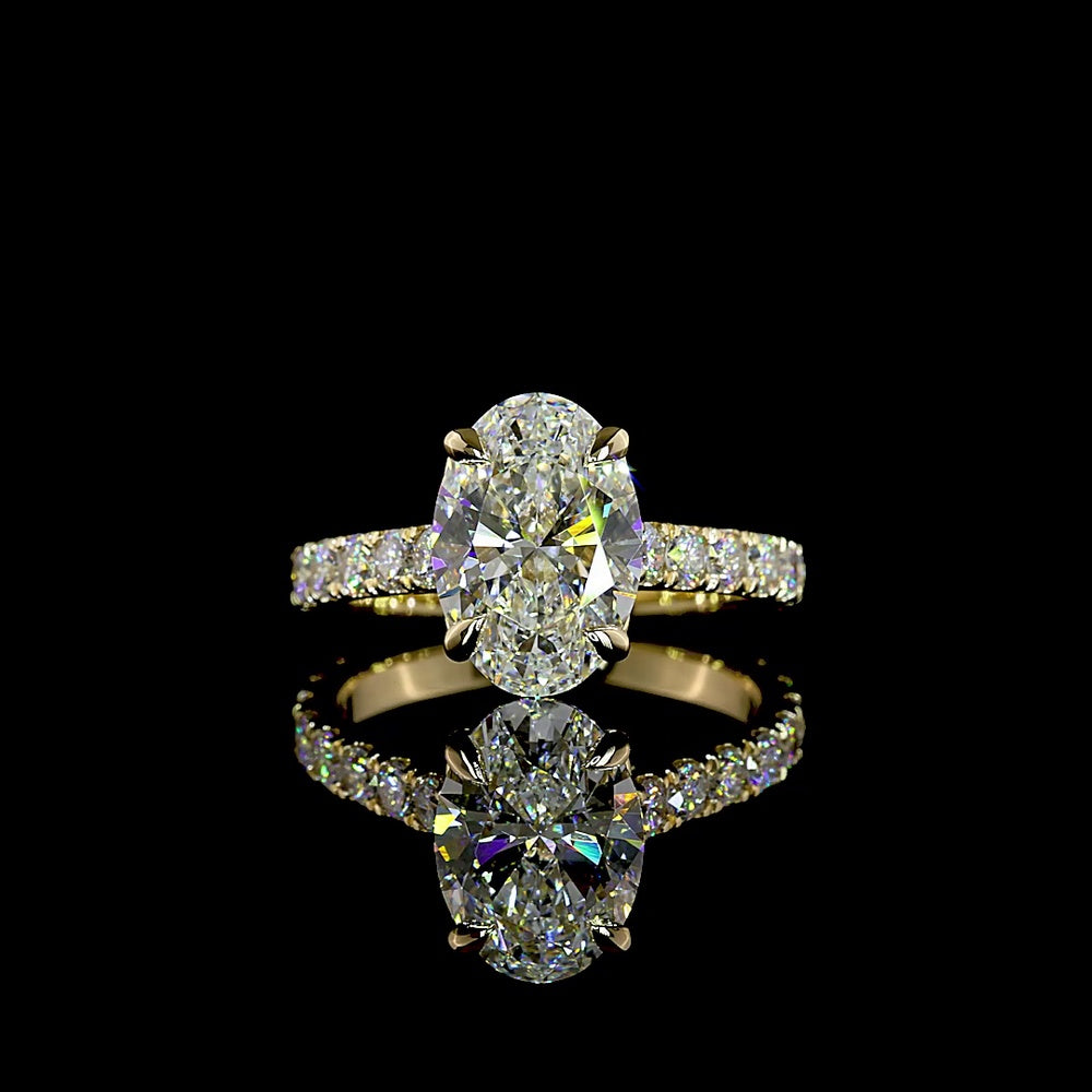 14K Yellow Gold Oval Cut Lab Diamond Solitaire Engagement Ring with Diamond Accented Shank - 3.99 Carats Total Diamond Weight (3.00 Carats Center, E VVS2, IGI Certified) - Covaloro Fine Jewelry