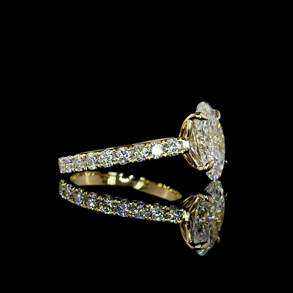 14K Yellow Gold Oval Cut Lab Diamond Solitaire Engagement Ring with Diamond Accented Shank - 3.99 Carats Total Diamond Weight (3.00 Carats Center, E VVS2, IGI Certified) - Covaloro Fine Jewelry