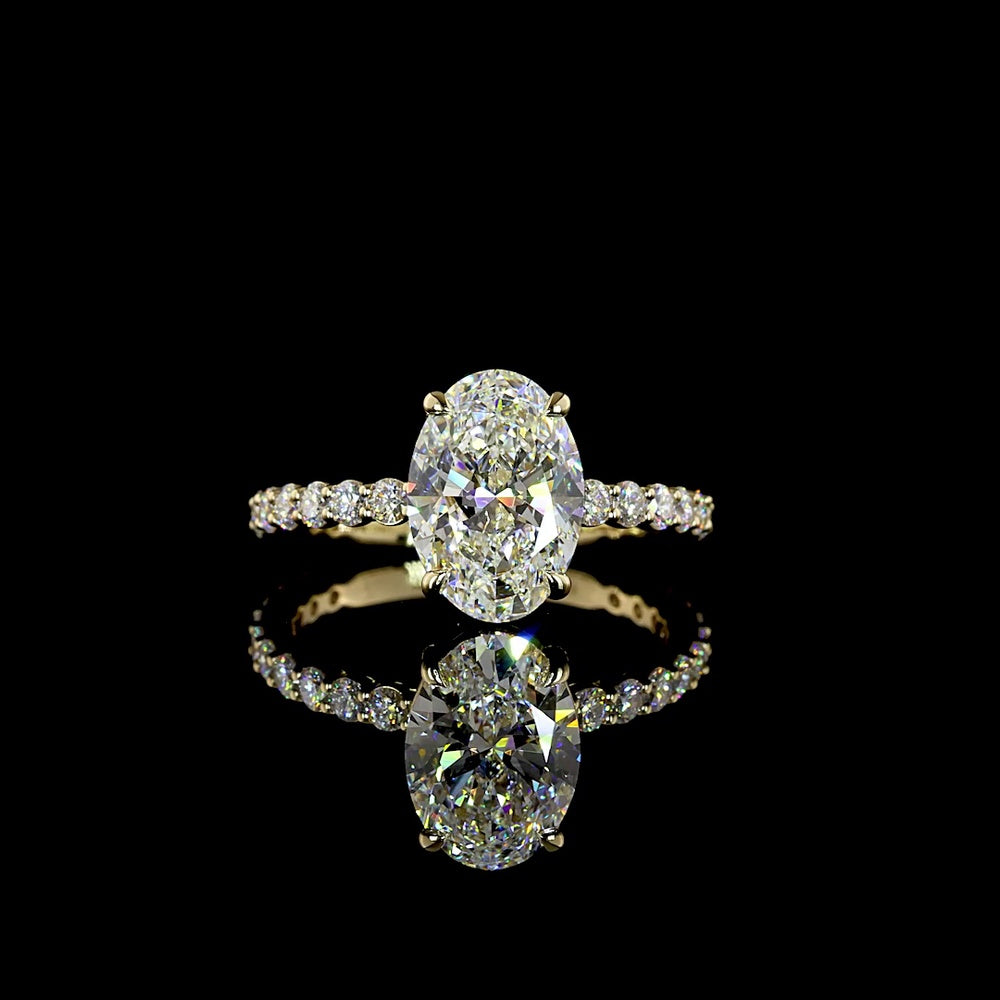 14K Yellow Gold Oval Cut Lab Diamond Solitaire Ring with Diamond Shank - 3.17 Carat Total Weight, D VVS2 Center - Covaloro Fine Jewelry