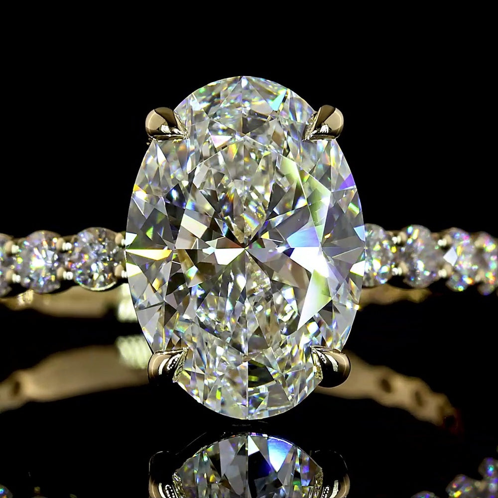 14K Yellow Gold Oval Cut Lab Diamond Solitaire Ring with Diamond Shank - 3.17 Carat Total Weight, D VVS2 Center - Covaloro Fine Jewelry