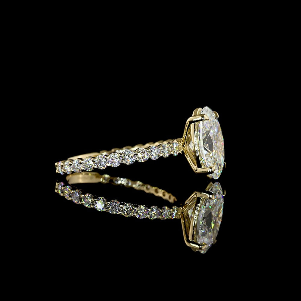14K Yellow Gold Oval Cut Lab Diamond Solitaire Ring with Diamond Shank - 3.17 Carat Total Weight, D VVS2 Center - Covaloro Fine Jewelry