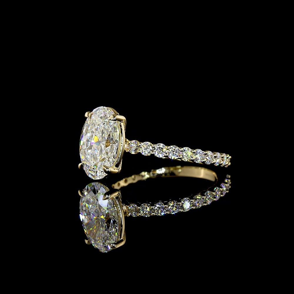 14K Yellow Gold Oval Cut Lab Diamond Solitaire Ring with Diamond Shank - 3.17 Carat Total Weight, D VVS2 Center - Covaloro Fine Jewelry