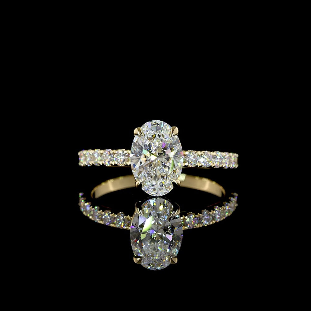14K Yellow Gold Oval Cut Lab Diamond Solitaire Ring with Pave Diamond Shank - 1.93 Carats Total Diamond Weight, D VVS2 Center - Covaloro Fine Jewelry