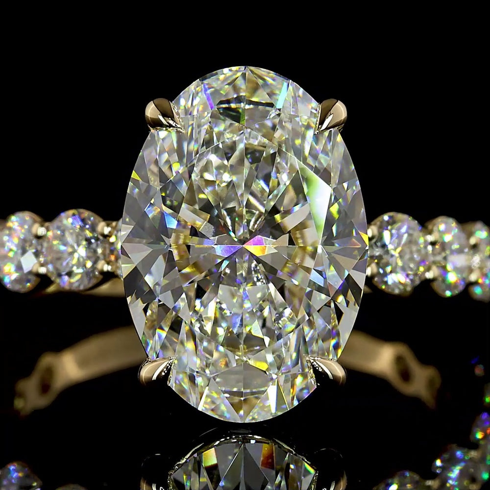 14K Yellow Gold Oval Cut Lab Diamond Solitaire Shank Ring with 4.08 Carat E VVS2 Center and 1.40 Carat Accent Diamonds - 5.48 Total Carat Weight - Covaloro Fine Jewelry